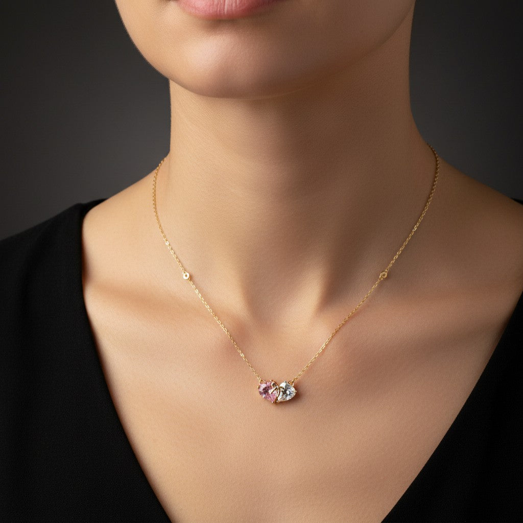 Twin Heart Pink & White Crystal Necklace – 925 Silver Gold Plated