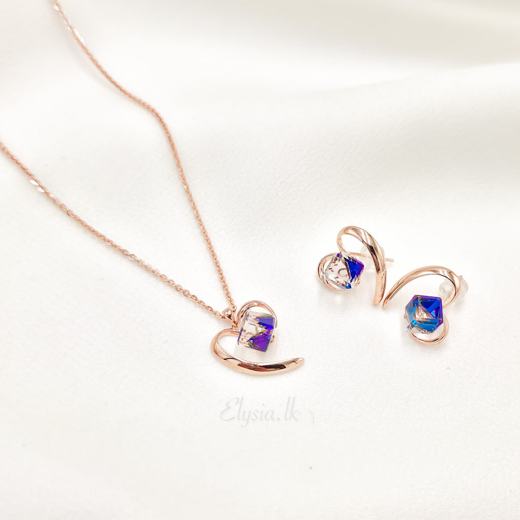 Amora Crystal Heart Necklace & Stud Earrings Set – Rose Gold Plated