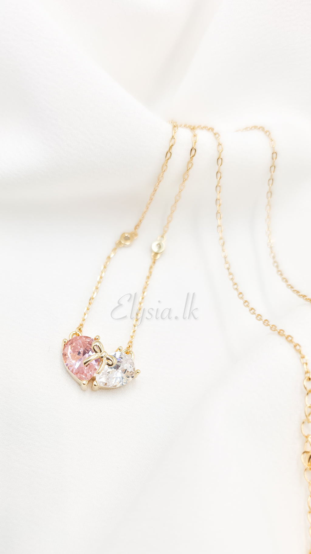 Twin Heart Pink & White Crystal Necklace – 925 Silver Gold Plated