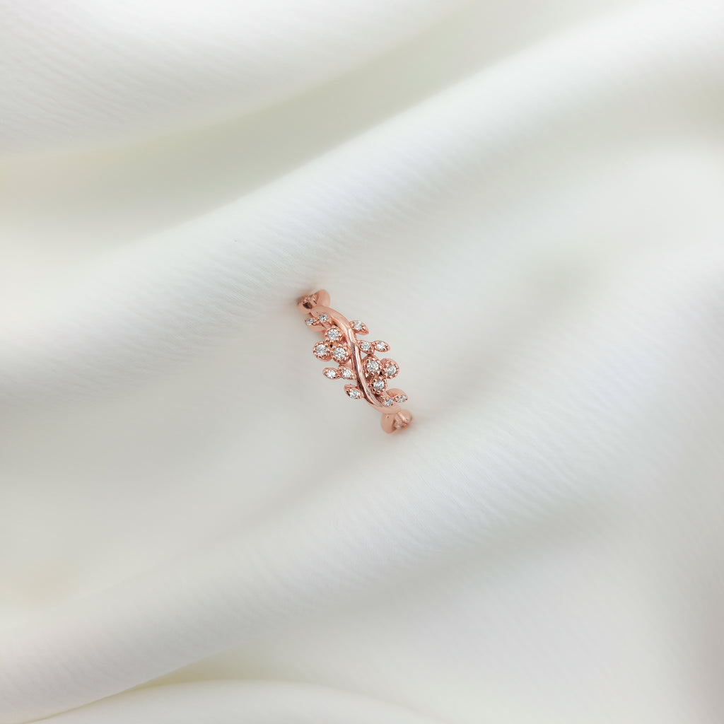 925 Sterling Silver Rose Gold Plated Leaf Crystal Adjustable Ring
