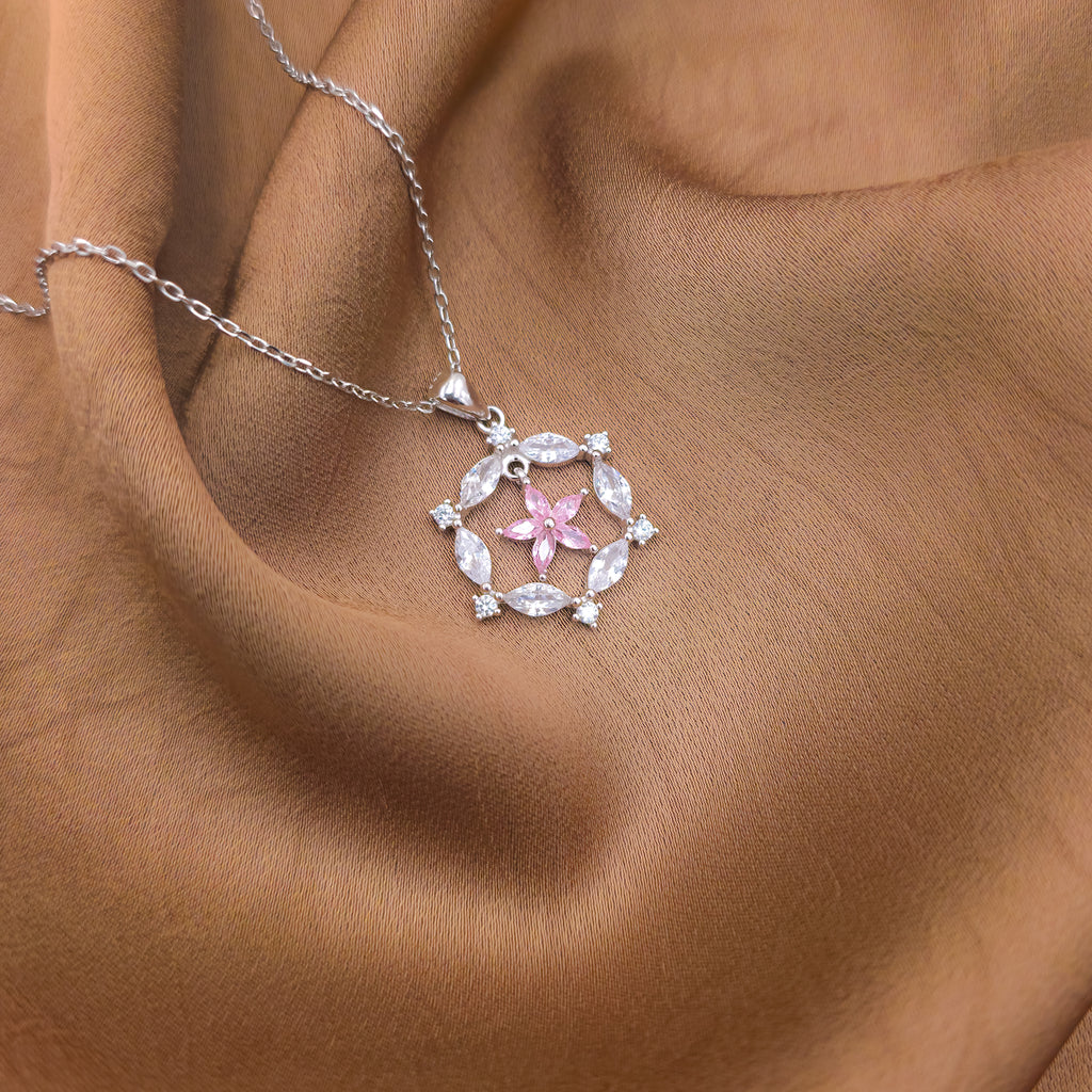 925 Sterling Silver Pink Blossom Crystal Necklace