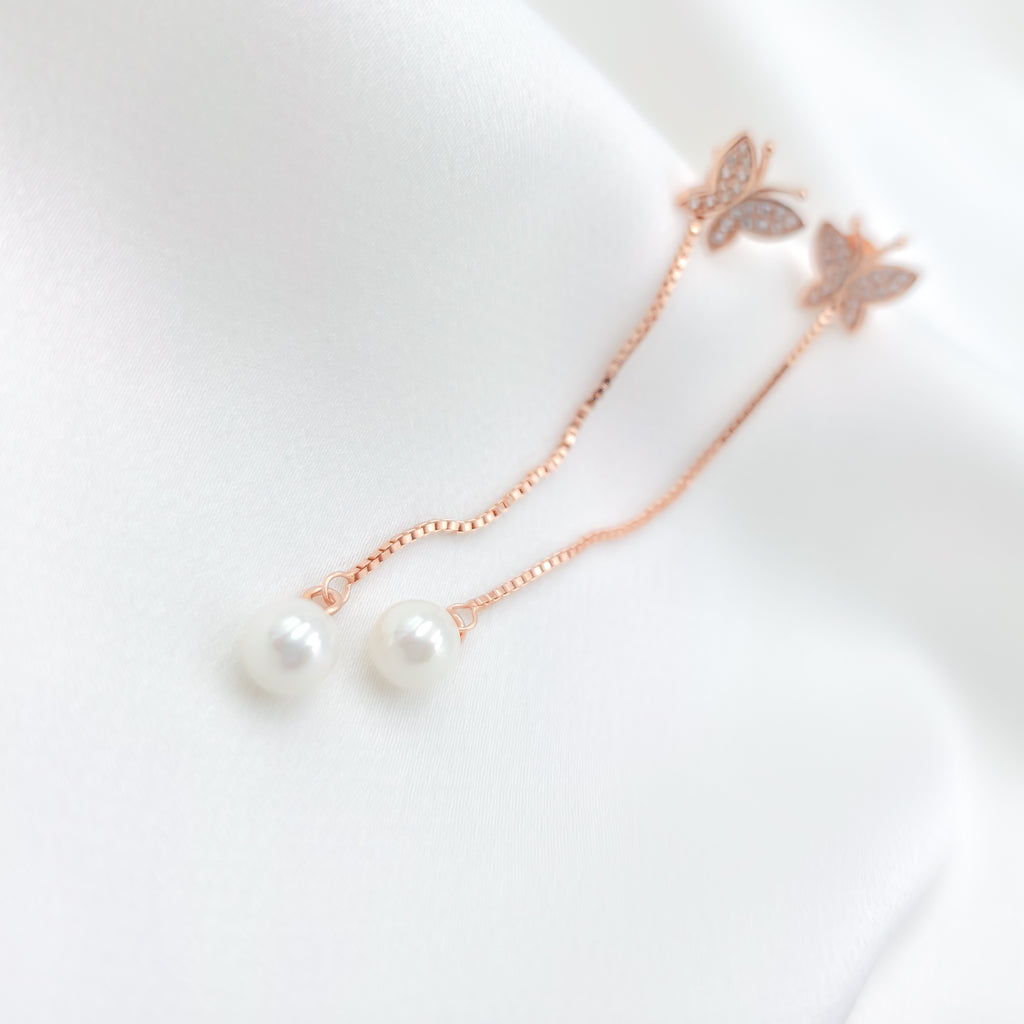 Butterfly Pearl Drop Earrings – 925 Sterling Silver Rose Gold Finish