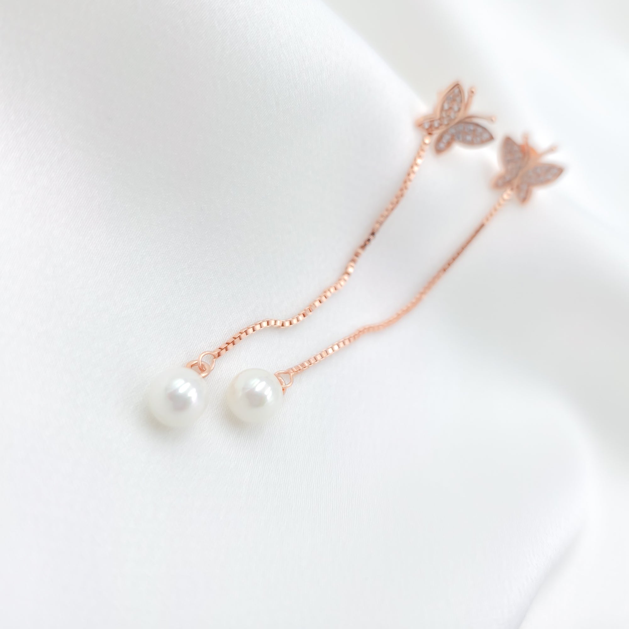 Butterfly Pearl Drop Earrings – 925 Sterling Silver Rose Gold Finish