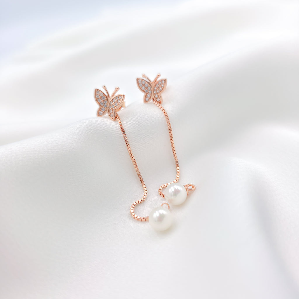 Butterfly Pearl Drop Earrings – 925 Sterling Silver Rose Gold Finish
