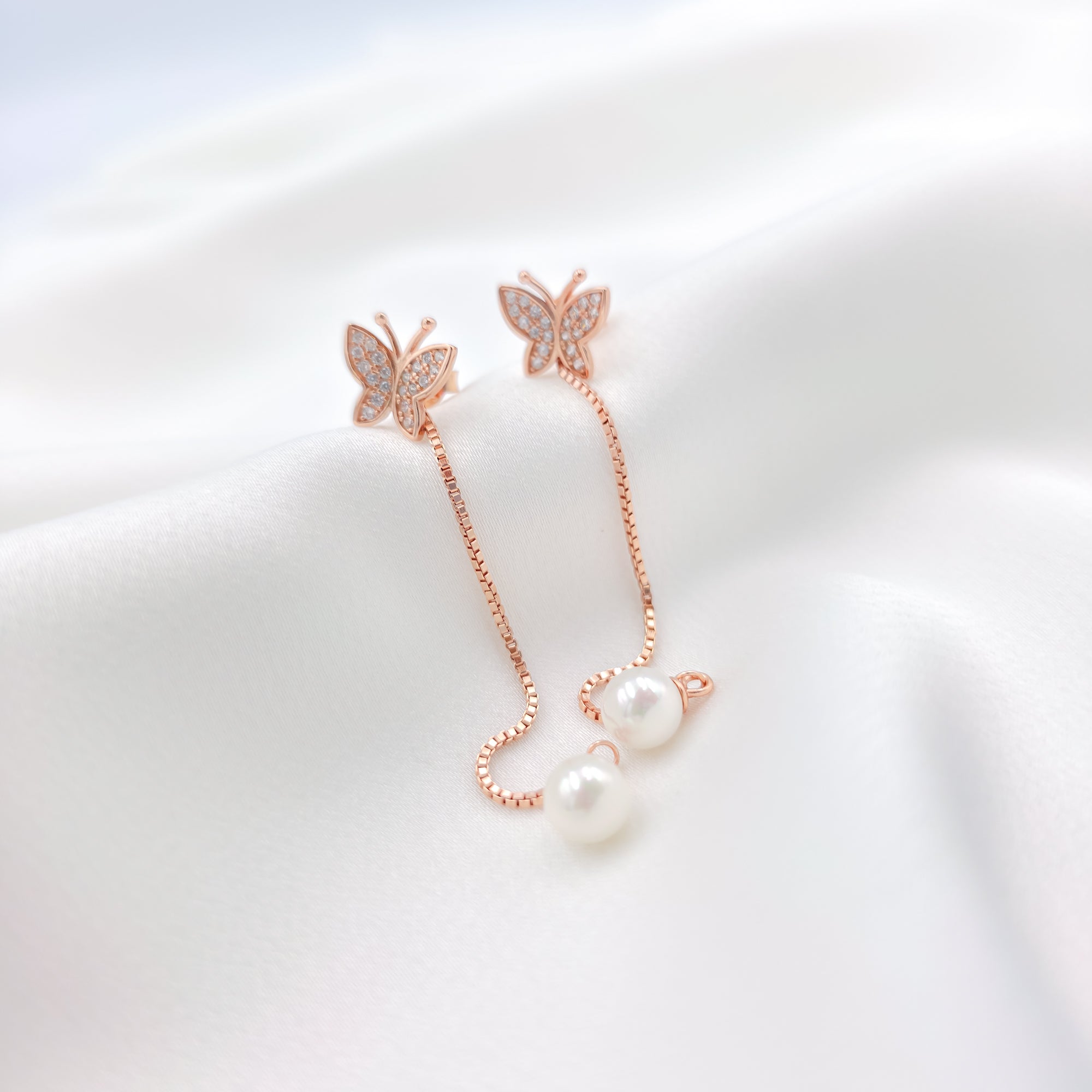Butterfly Pearl Drop Earrings – 925 Sterling Silver Rose Gold Finish