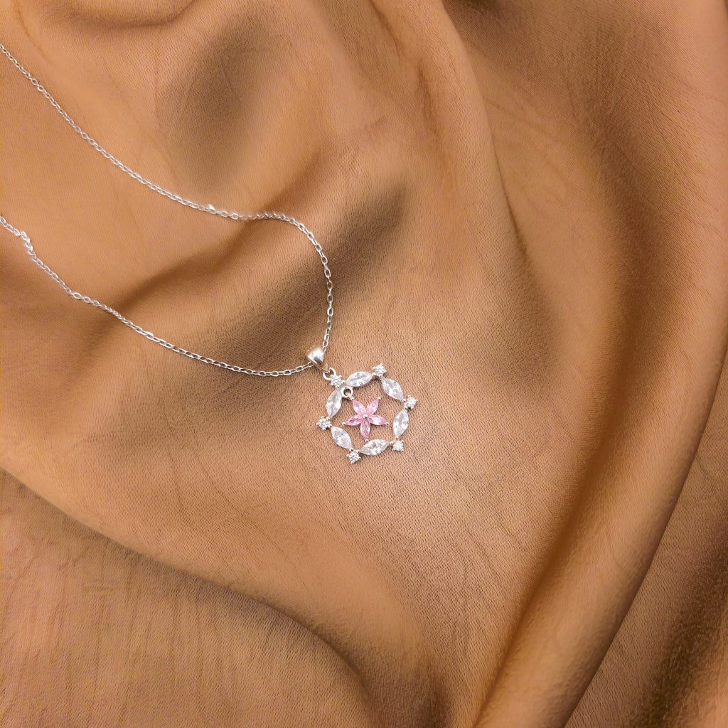 925 Sterling Silver Pink Blossom Crystal Necklace