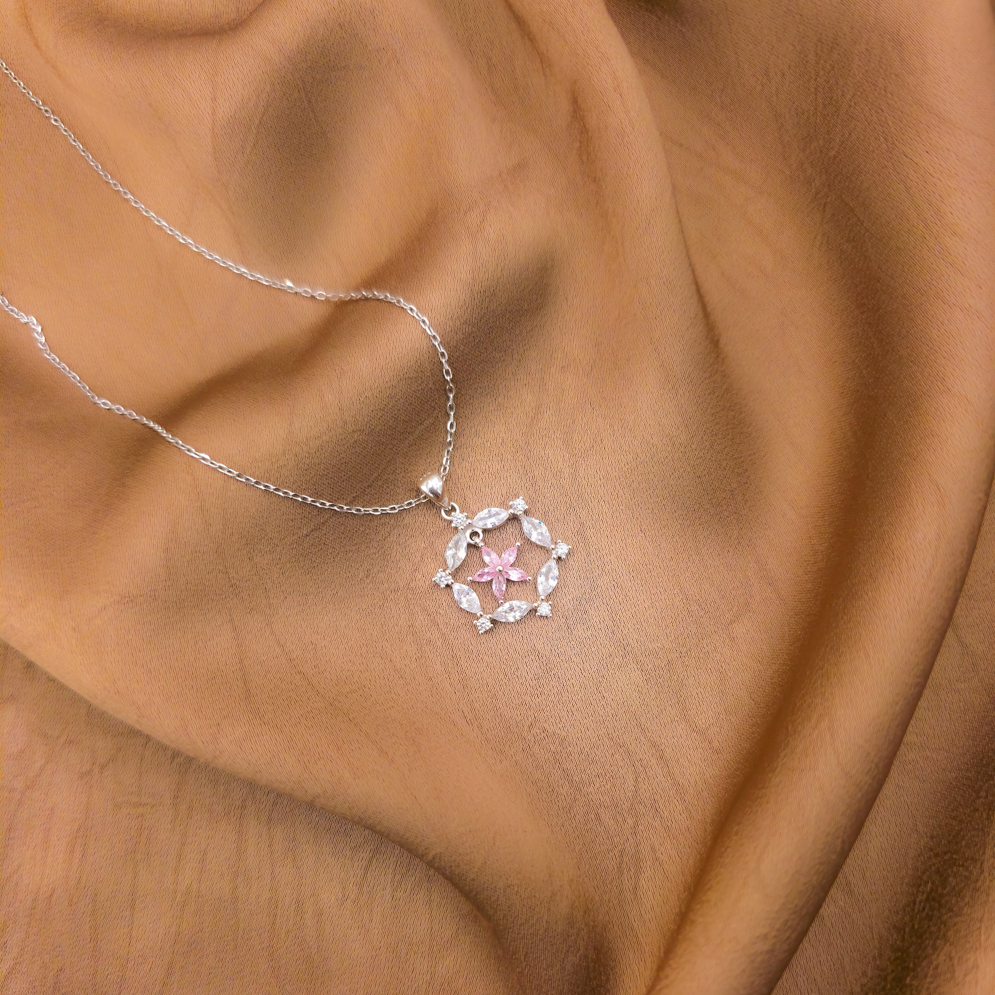 925 Sterling Silver Pink Blossom Crystal Necklace