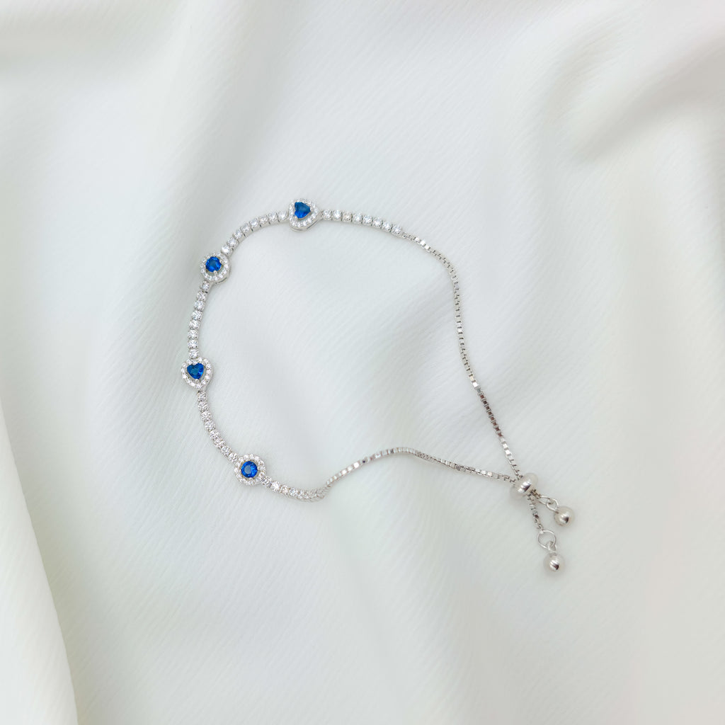 925 Sterling Silver Blue Heart Tennis Bracelet – Adjustable Elegant Bracelet for Women