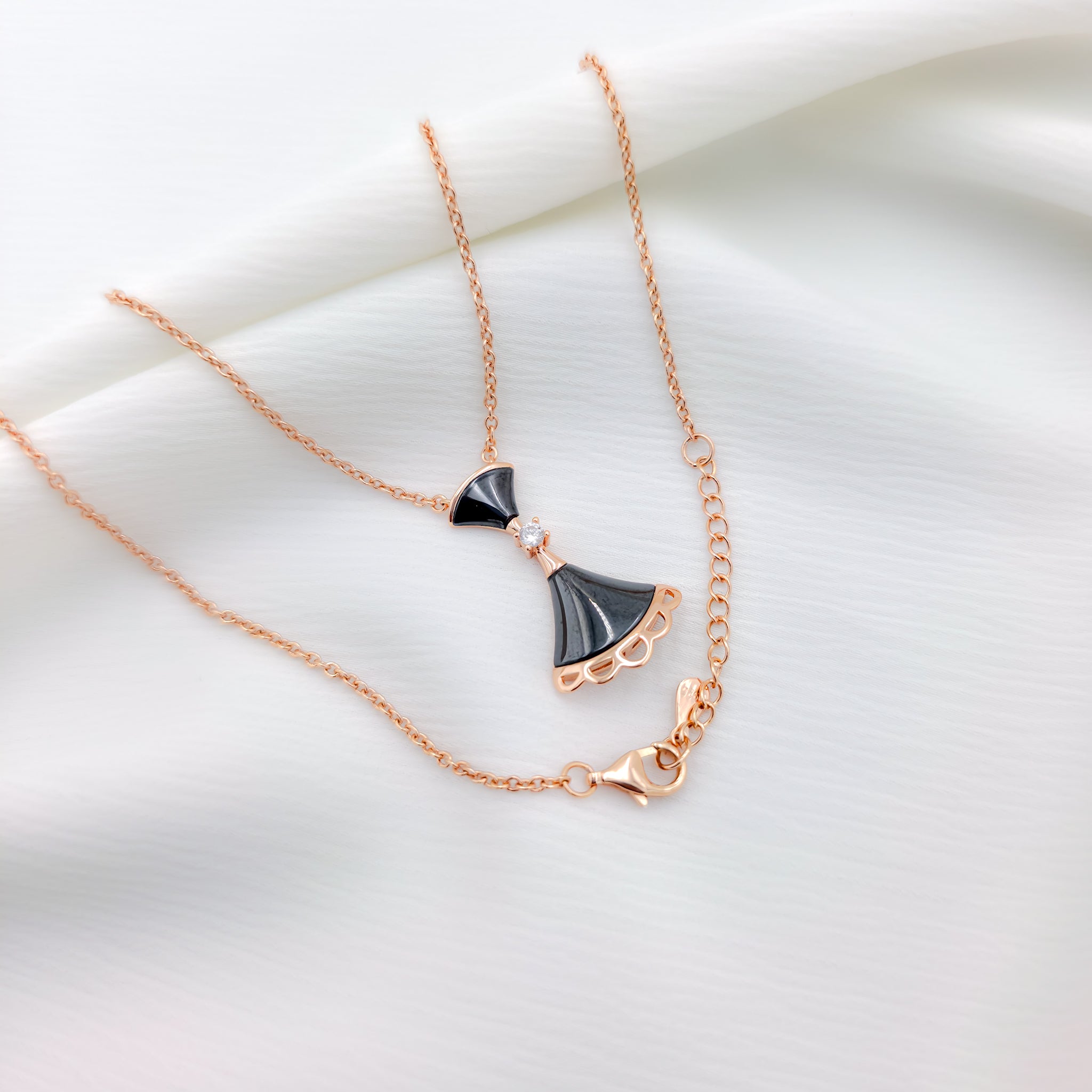 925 Sterling Silver Rose Gold Plated Black Dress Pendant Necklace