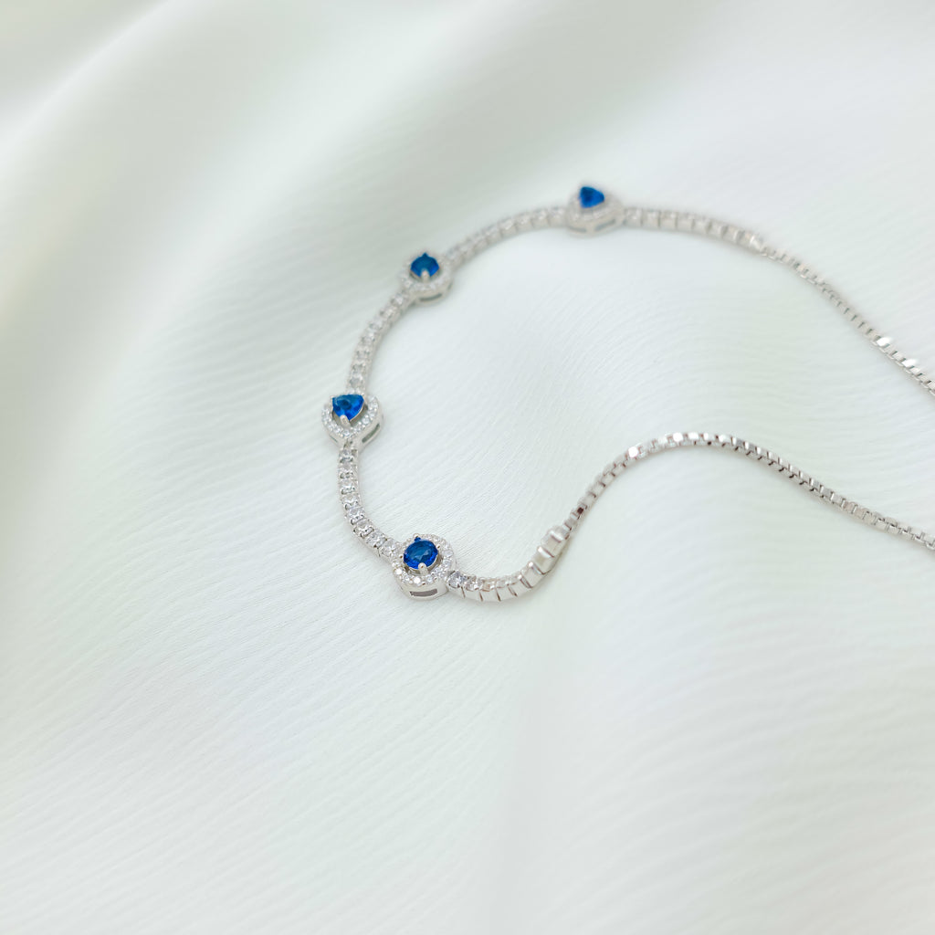 925 Sterling Silver Blue Heart Tennis Bracelet – Adjustable Elegant Bracelet for Women