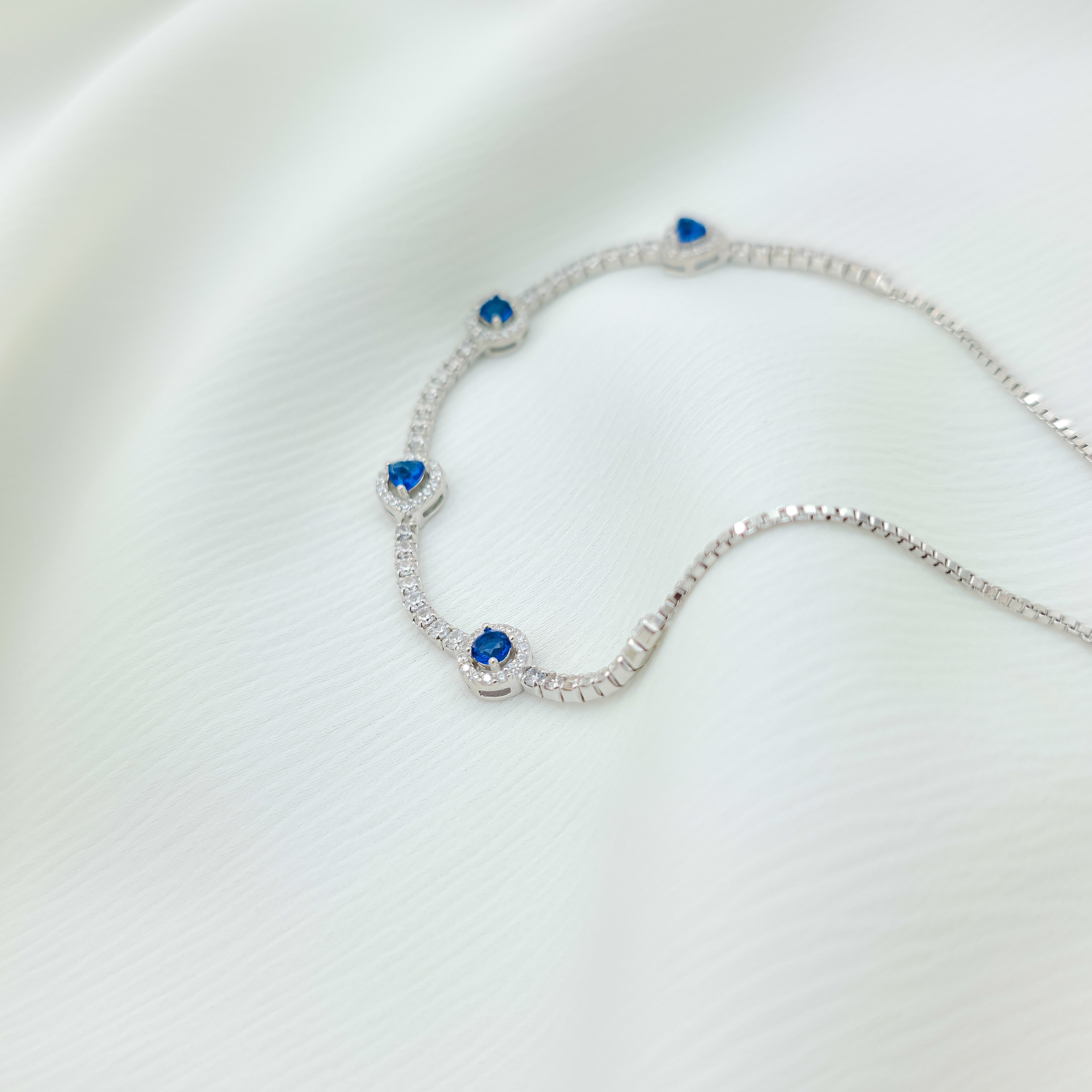 925 Sterling Silver Blue Heart Tennis Bracelet – Adjustable Elegant Bracelet for Women