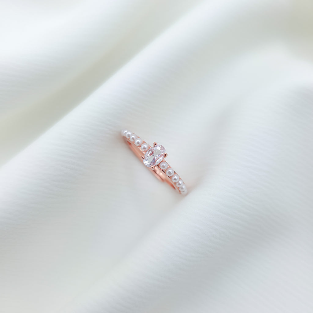 925 Sterling Silver Rose Gold Plated Pearl & Oval CZ Ring